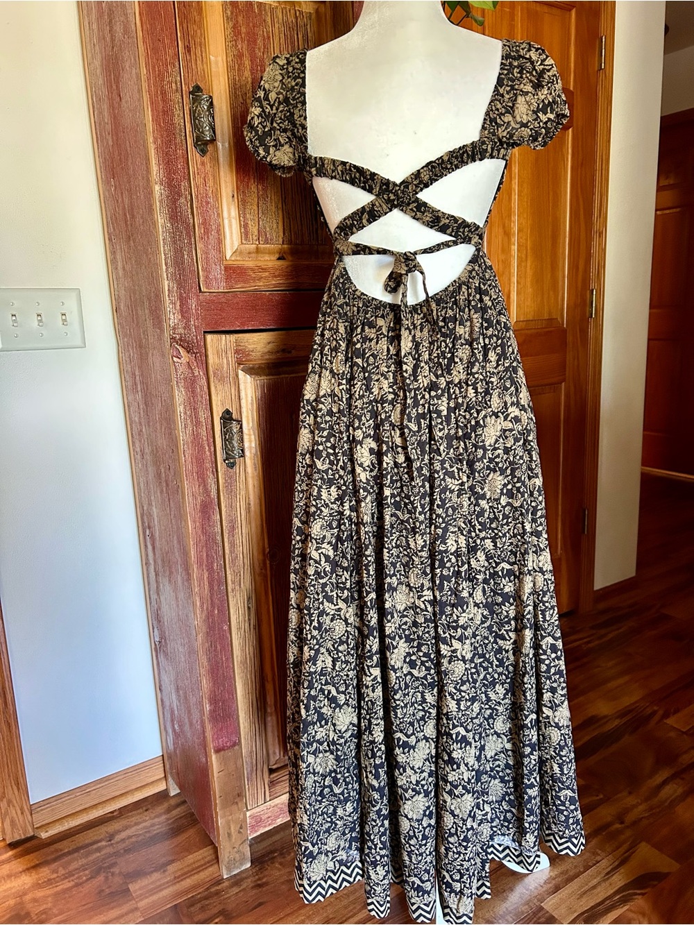 Free People Black and Cream Floral Open-Back Front Smocked Maxi Dress